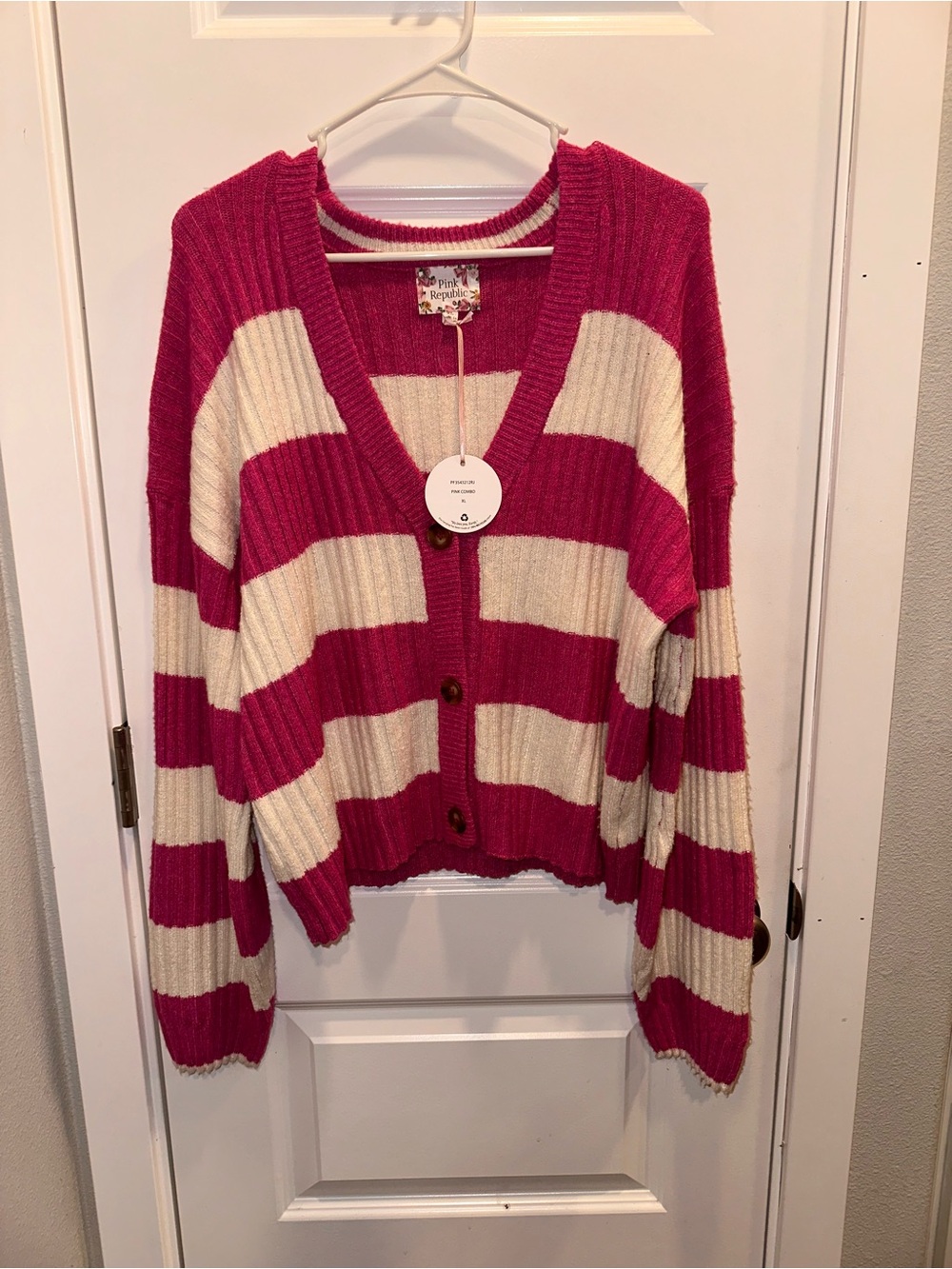Pink Republic Pink & Cream Striped Ribbed Button Cardigan